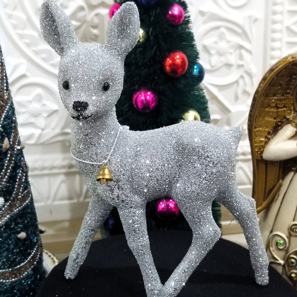 Silver Glitter Deer Christmas Figurine Bell Collar Glitter 9" Fawn